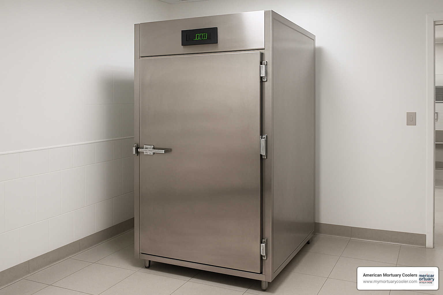 Upright mortuary cooler cabinet with digital temperature display - www.amortuarycooler.com