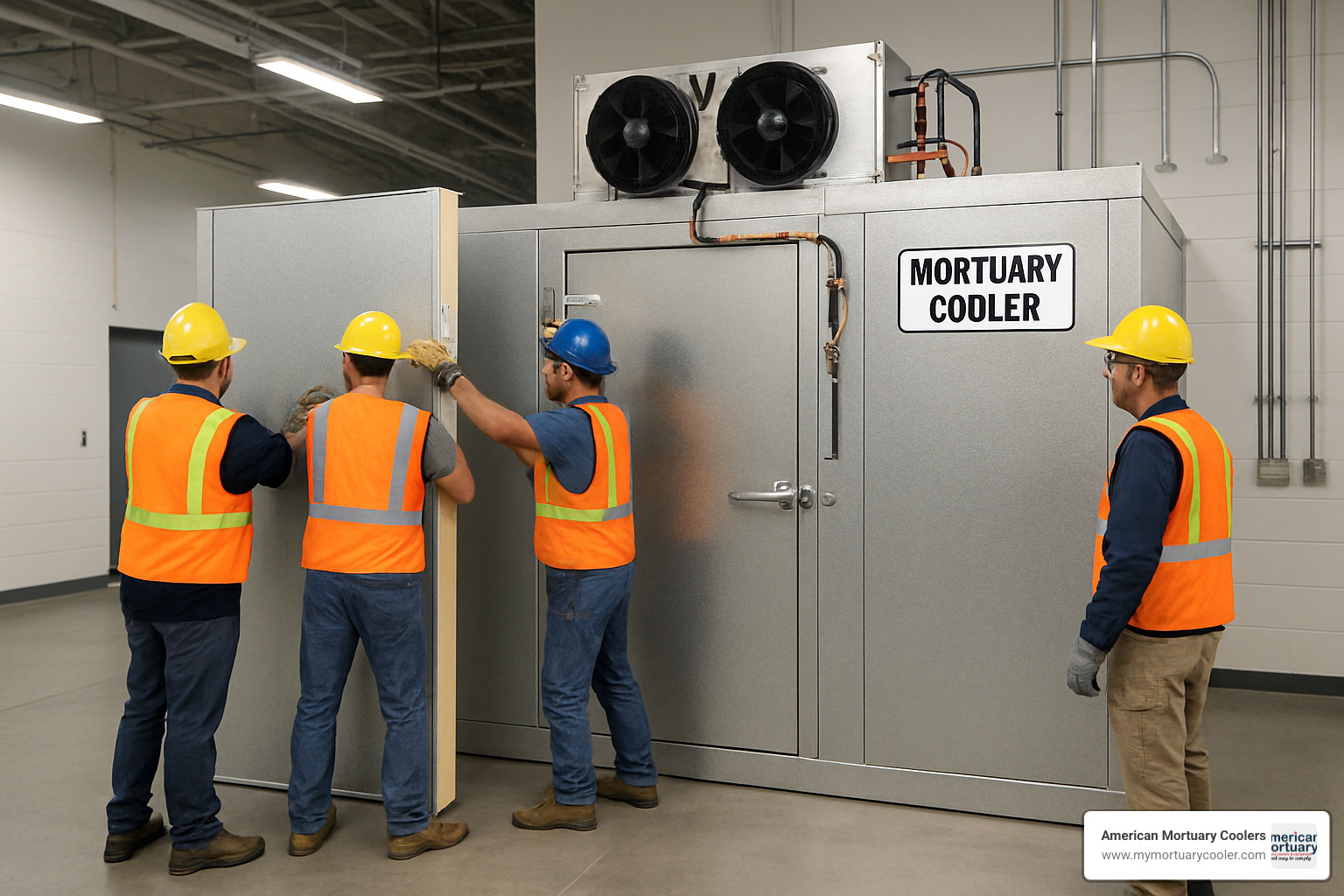 Installation crew setting up a walk-in mortuary cooler - www.amortuarycooler.com