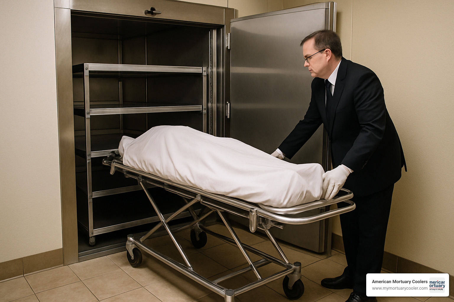 Roll-in mortuary cooler rack system being loaded - www.amortuarycooler.com