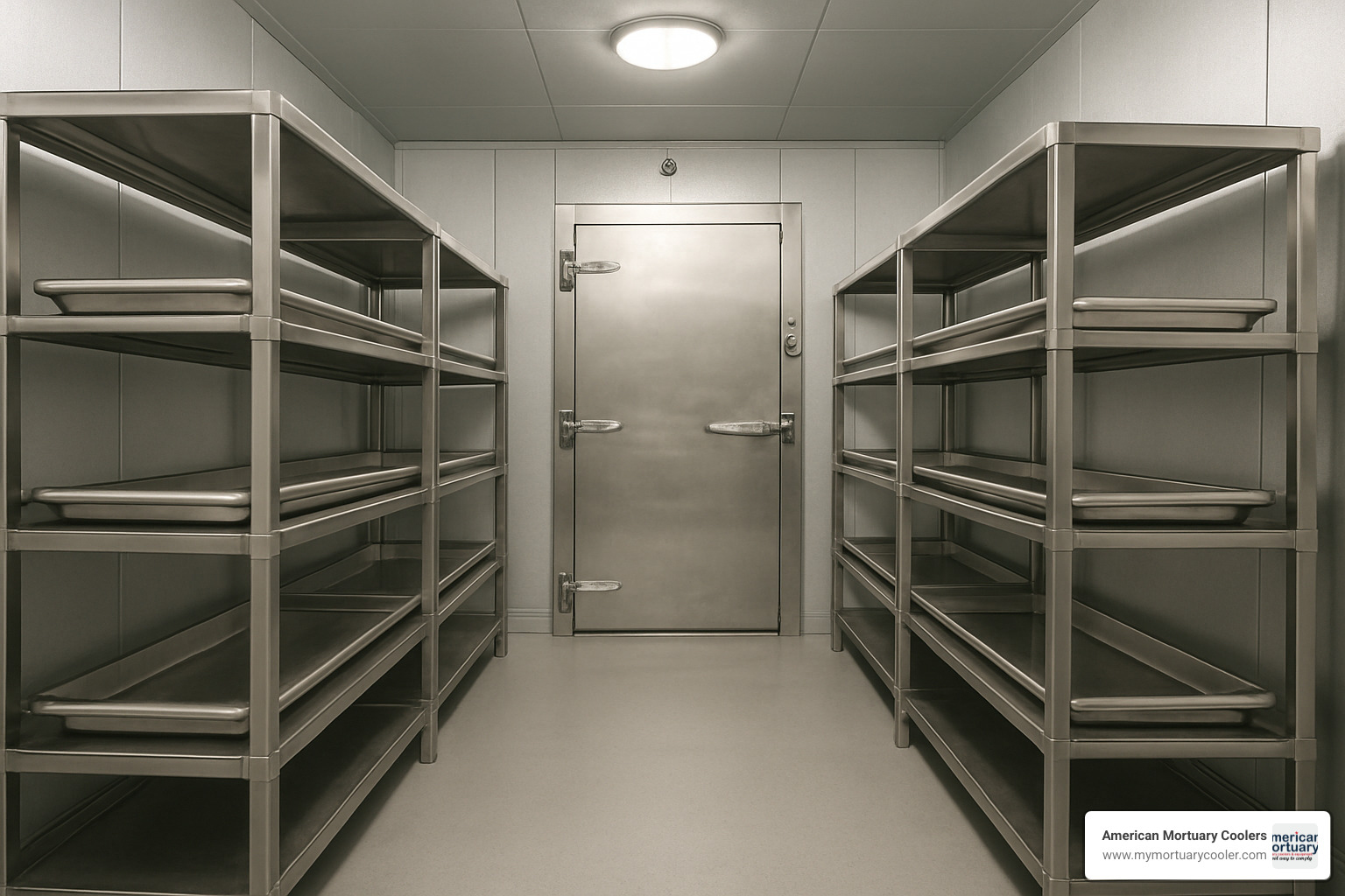 Walk-in mortuary cooler with multiple body storage racks - www.amortuarycooler.com