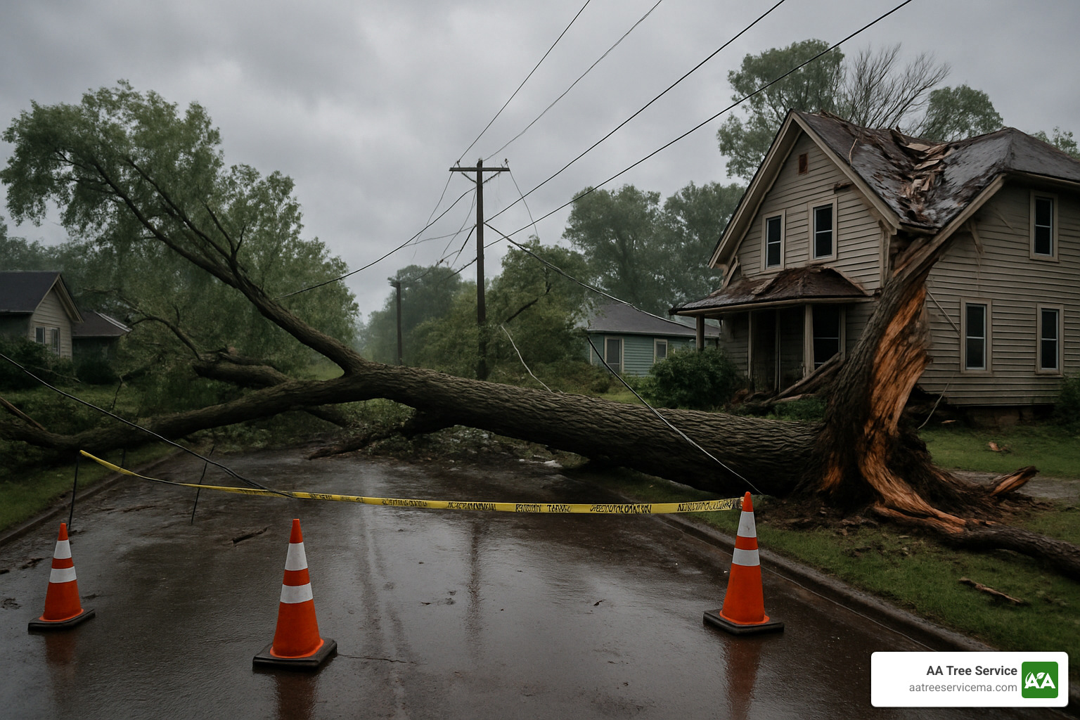fallen trees and downed power lines after storm - storm clean up near me