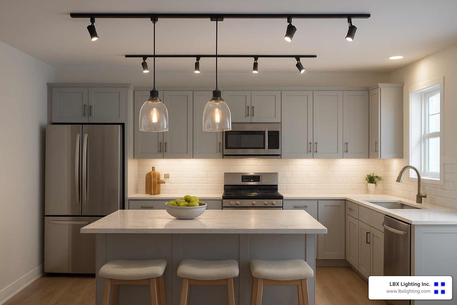Mixed pendant and spotlight track lighting in a modern kitchen - track lighting for kitchen