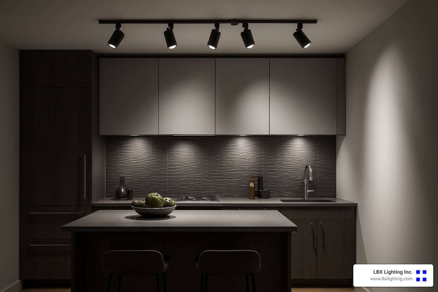 Kitchen with expertly placed track lighting highlighting design features - track lighting for kitchen