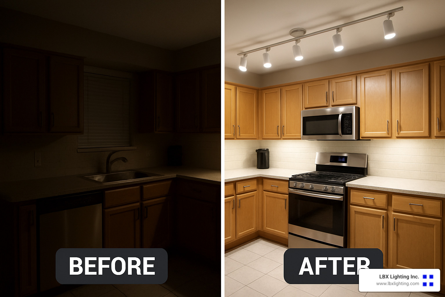 Before and after kitchen track lighting upgrade showing improved illumination - track lighting for kitchen