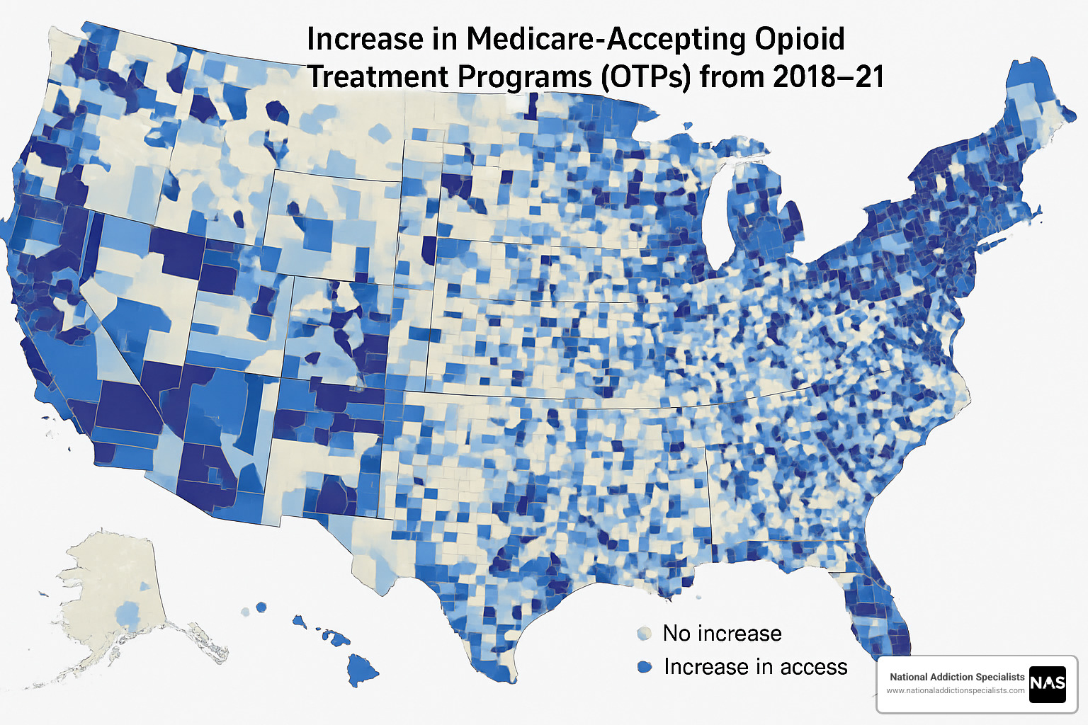 Map showing increase in Medicare-accepting OTPs across US counties from 2018 to 2021 - Medicare opioid treatment
