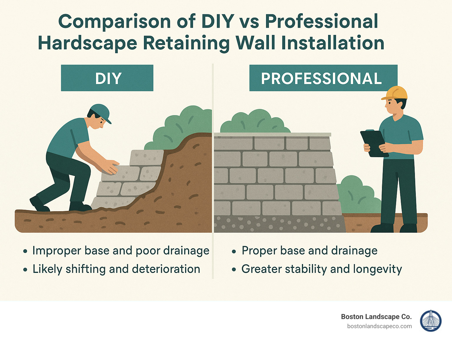 Comparison of DIY vs professional hardscape retaining wall installation showing the difference in quality and durability - hardscape retaining wall infographic 