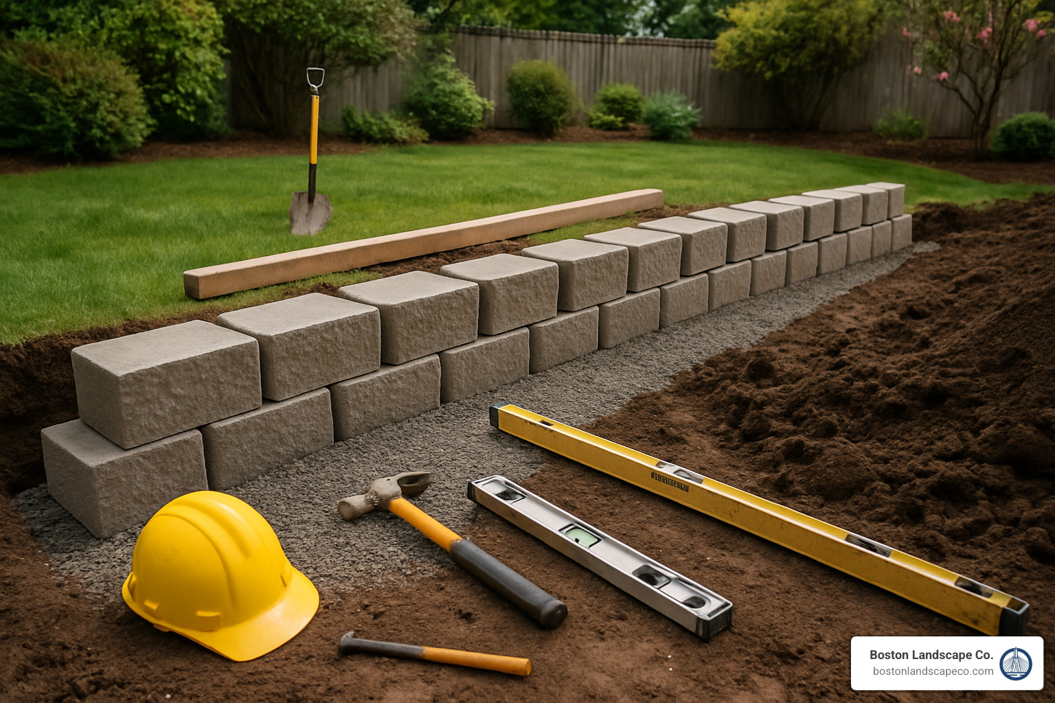 Construction of a hardscape retaining wall showing proper base preparation and block placement - hardscape retaining wall