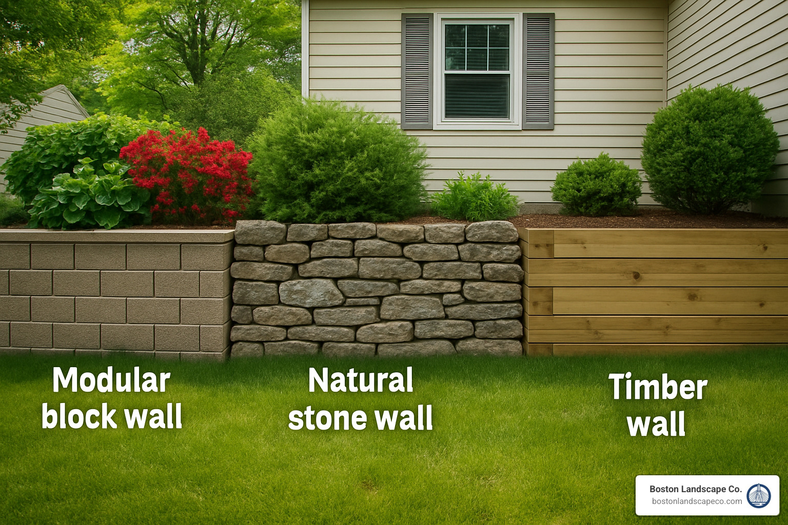 Different types of hardscape retaining walls including modular block, natural stone, and timber - hardscape retaining wall