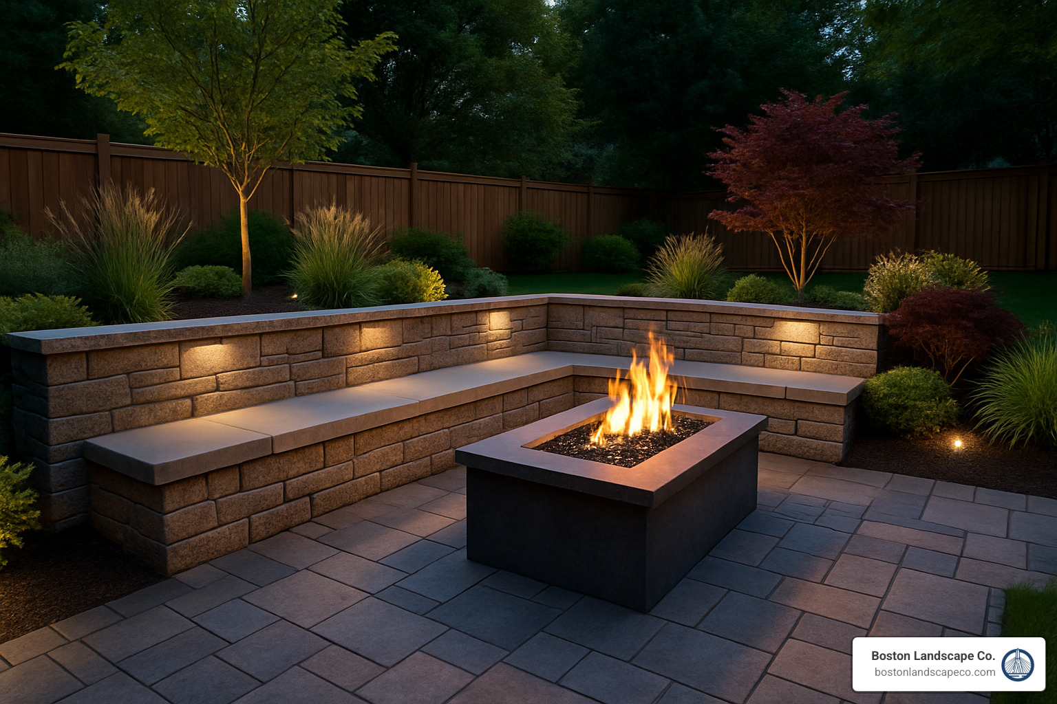 Hardscape retaining wall with integrated firepit and seating area - hardscape retaining wall