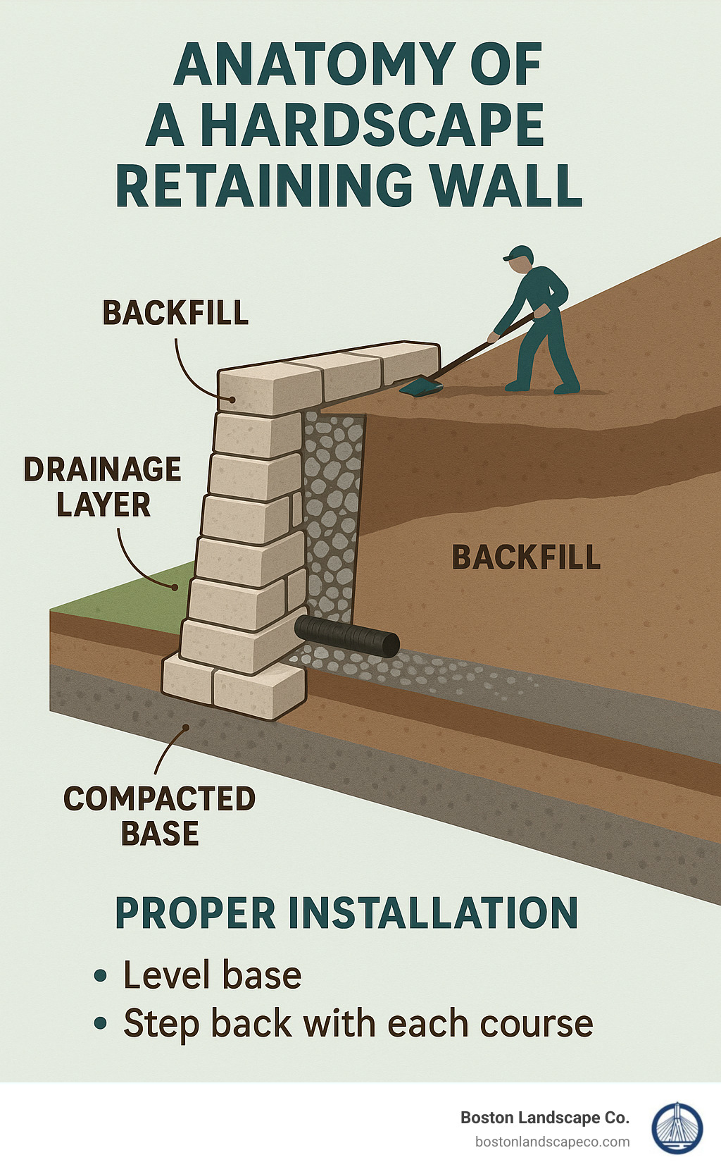 Anatomy of a hardscape retaining wall showing drainage layer, backfill, base material, and proper installation techniques - hardscape retaining wall infographic 
