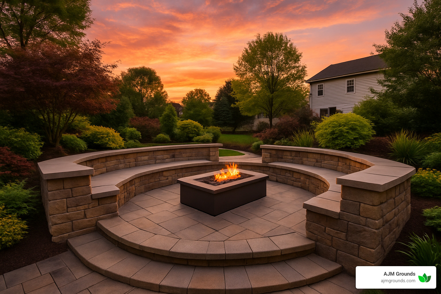 completed multi-level patio with fire pit at sunset - hardscape installation service