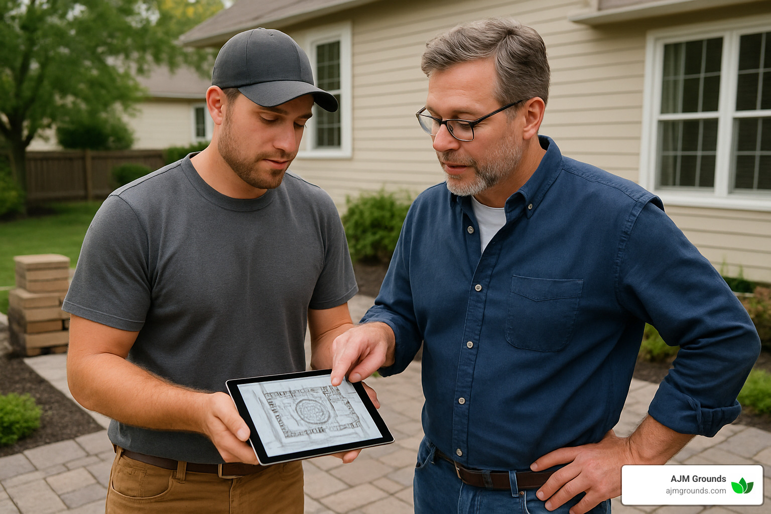 contractor discussing hardscape design with homeowner - hardscape installation service