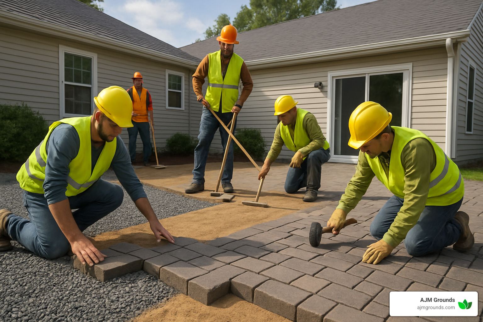 crew installing paver patio with proper base preparation - hardscape installation service