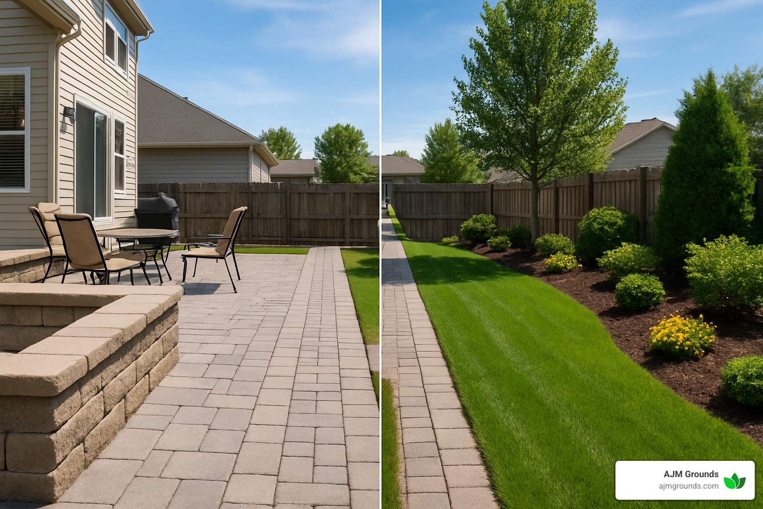 comparison of hardscape and landscape elements in a backyard - hardscape installation service