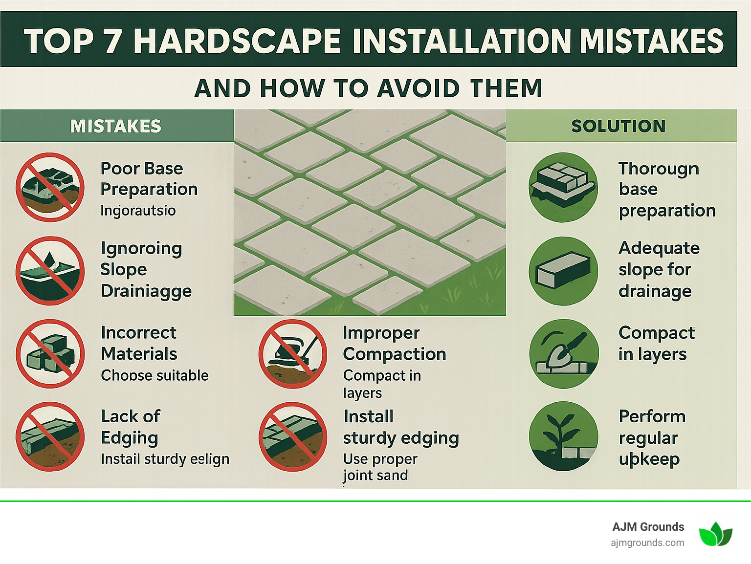 Infographic showing top 7 hardscape installation mistakes and their solutions - hardscape installation service infographic 