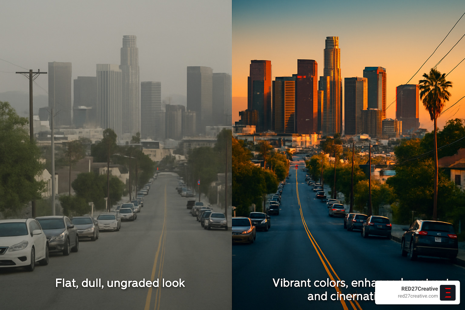 From Raw to Awe – Mastering Video Post Production Basics • video post production • RED27Creative Before and after color grading showing dramatic improvement in visual appeal - video post production
