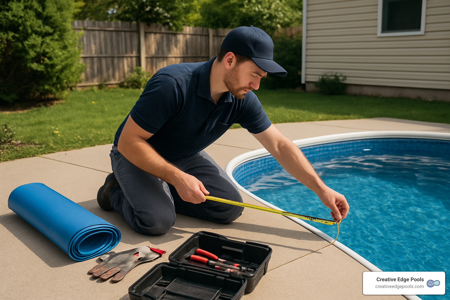 Vinyl pool liner installation technician measuring pool - cost of replacing inground vinyl pool liner