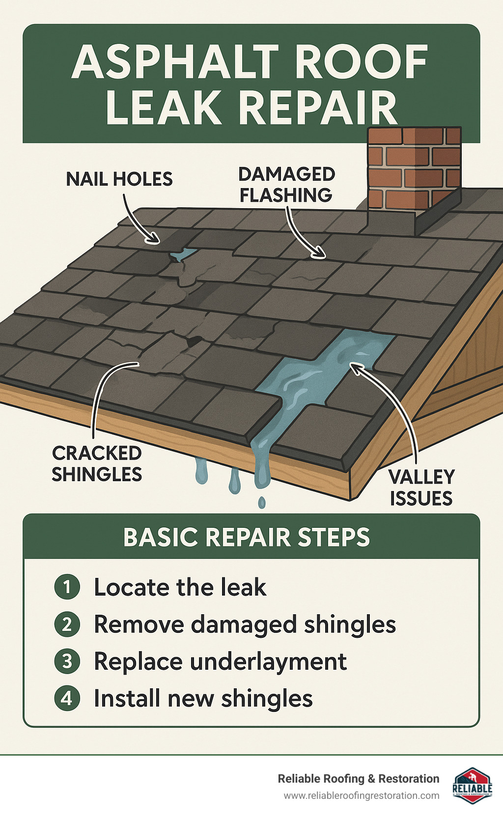 Patch It Up! DIY Asphalt Roof Leak Repair Guide 1 Detailed diagram showing how water travels under asphalt shingles, with labels for common leak points including nail holes, damaged flashing, cracked shingles, and valley issues, plus a simple step sequence for basic repairs - asphalt roof leak repair infographic