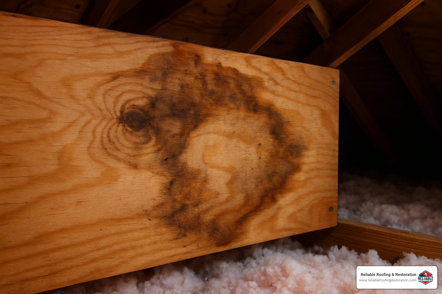 Patch It Up! DIY Asphalt Roof Leak Repair Guide 2 attic water stain on plywood - asphalt roof leak repair