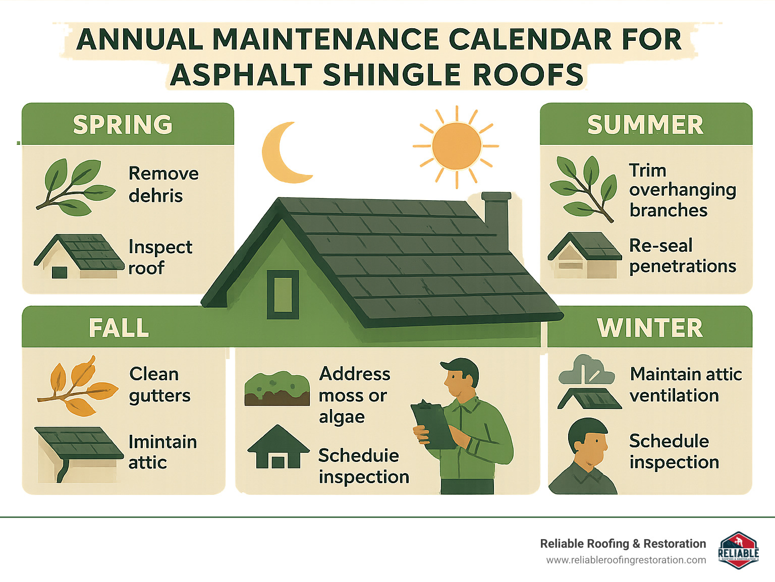 Patch It Up! DIY Asphalt Roof Leak Repair Guide 7 Annual maintenance calendar for asphalt shingle roofs showing seasonal tasks, inspection points, and preventive measures to avoid leaks - asphalt roof leak repair infographic