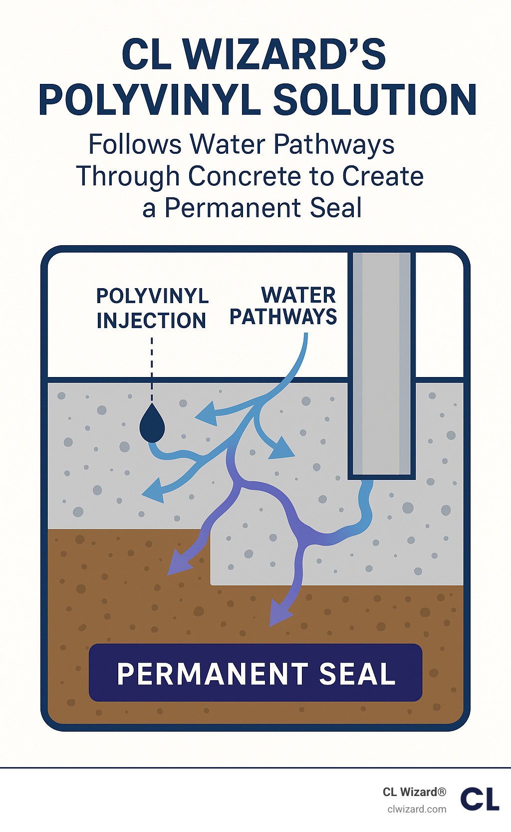 Diagram showing how CL Wizard's polyvinyl solution follows water pathways through concrete to create a permanent seal - fixing a leaking pool skimmer infographic 