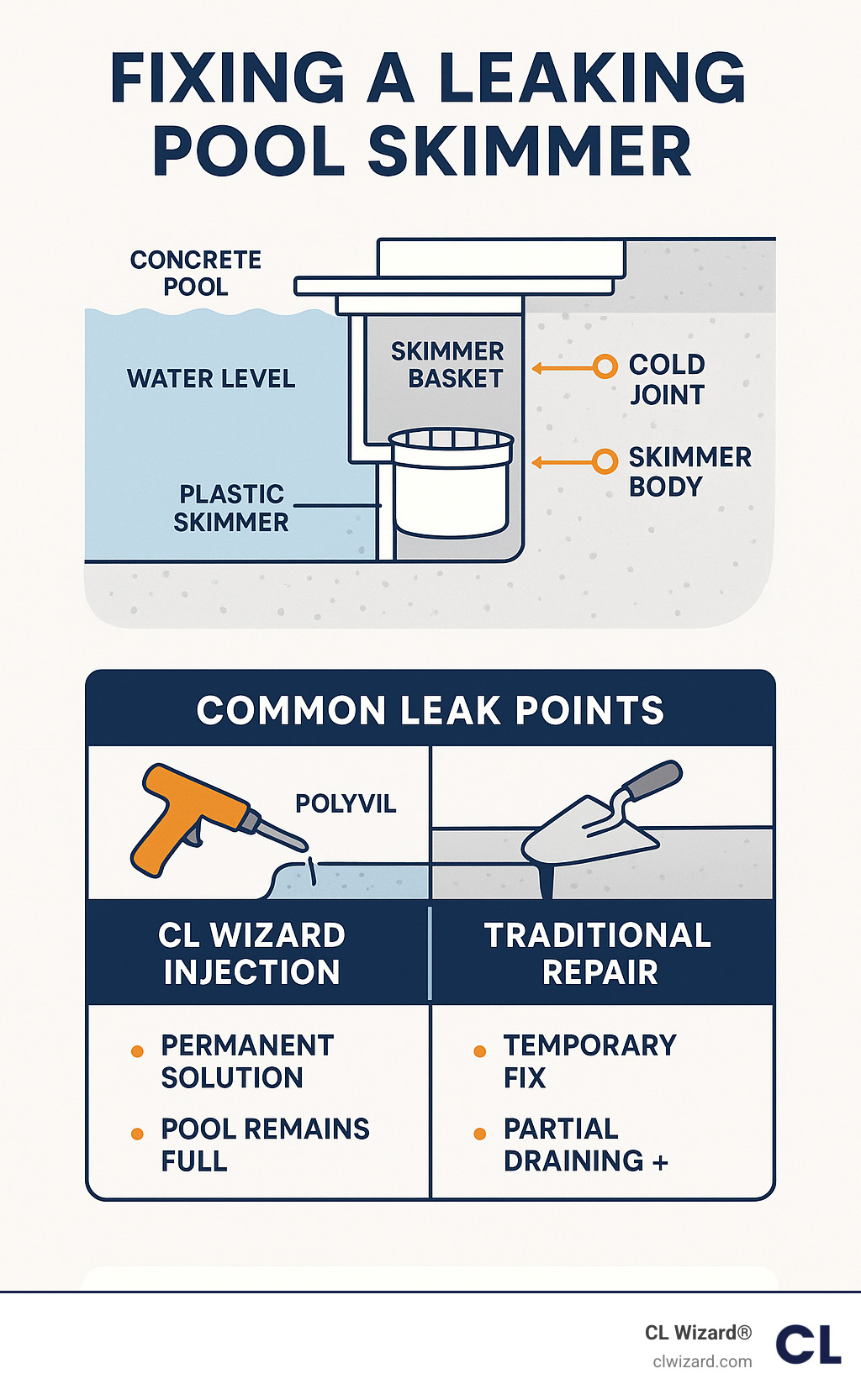 Diagram showing pool skimmer anatomy, common leak points, and CL Wizard's injection process compared to traditional repair methods - fixing a leaking pool skimmer infographic 