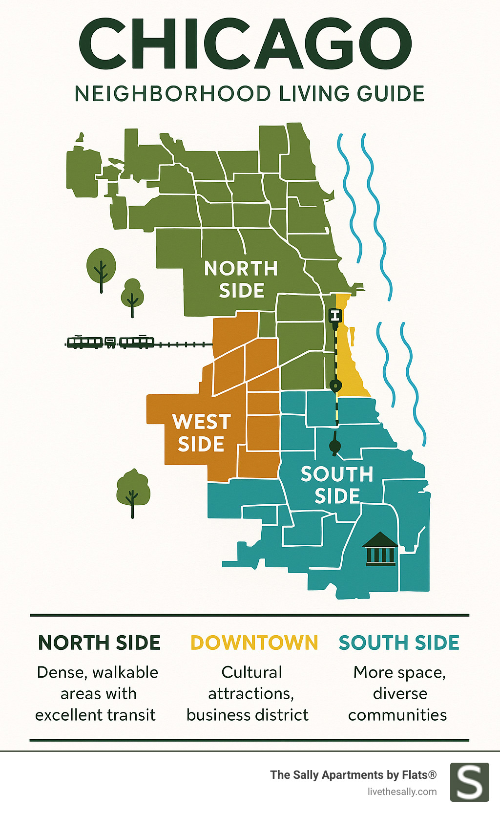 Chicago neighborhood map showing 77 communities with color-coded regions (North, South, West, Downtown) and highlighting key features like transit lines, major parks, lakefront access, and cultural hubs - Chicago neighborhood living guide infographic 