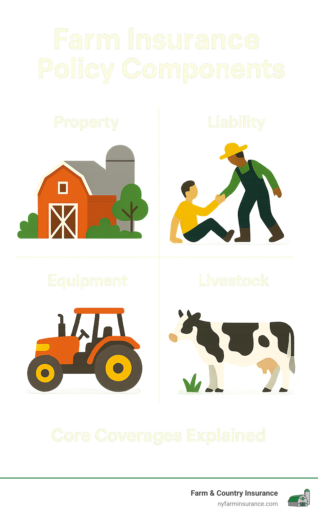 Farm insurance policy components showing property, liability, equipment, and livestock coverages - Farm insurance near me infographic 