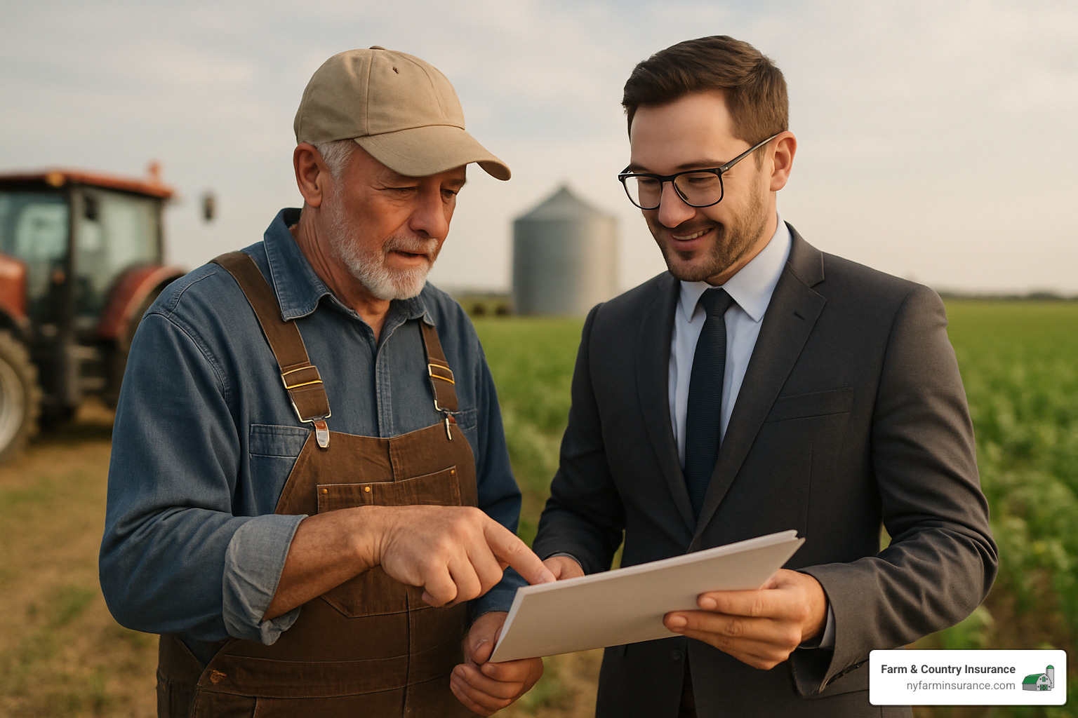 Farmer meeting with insurance agent in field - Farm insurance near me