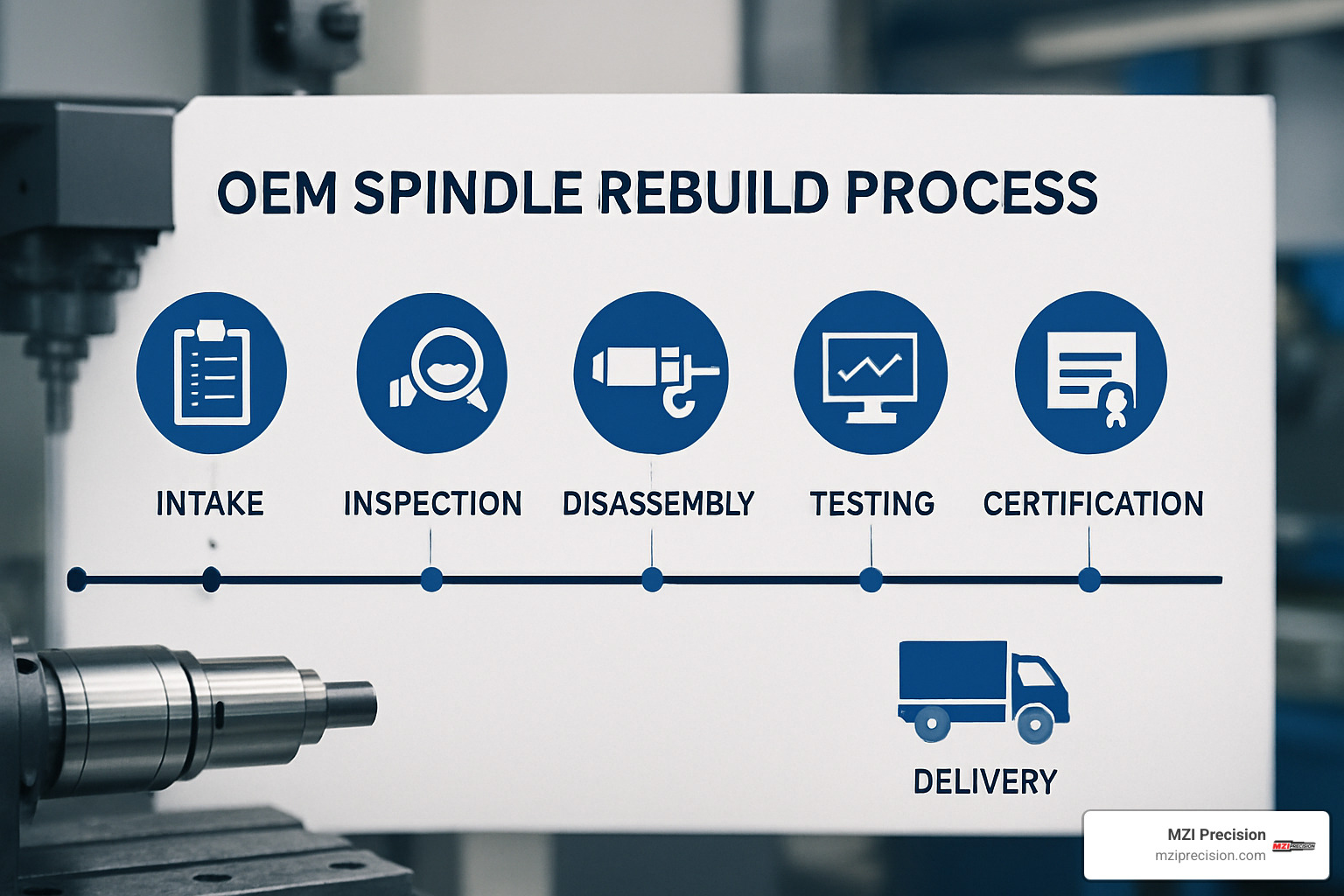 timeline graphic showing typical OEM spindle rebuild process from intake to delivery - OEM Spindle Rebuild timeline graphic showing typical OEM spindle rebuild process from intake to delivery - OEM Spindle Rebuild