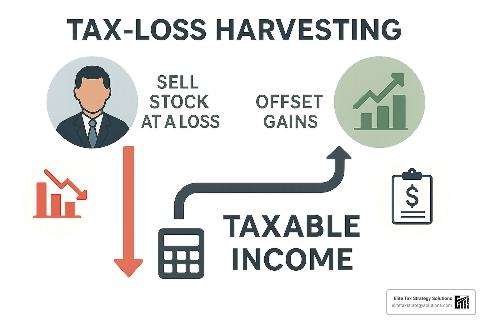 Tax-loss harvesting illustration showing how selling investments at a loss can offset gains and reduce taxable income - tax-efficient investments