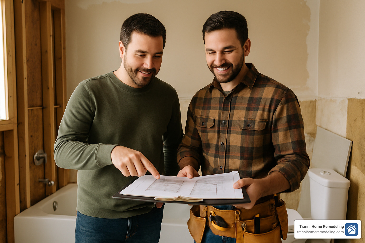 Transform Your Space: Finding Bathroom Contractors Near You 5 Homeowner reviewing bathroom remodel plans with contractor - bathroom contractors in my area