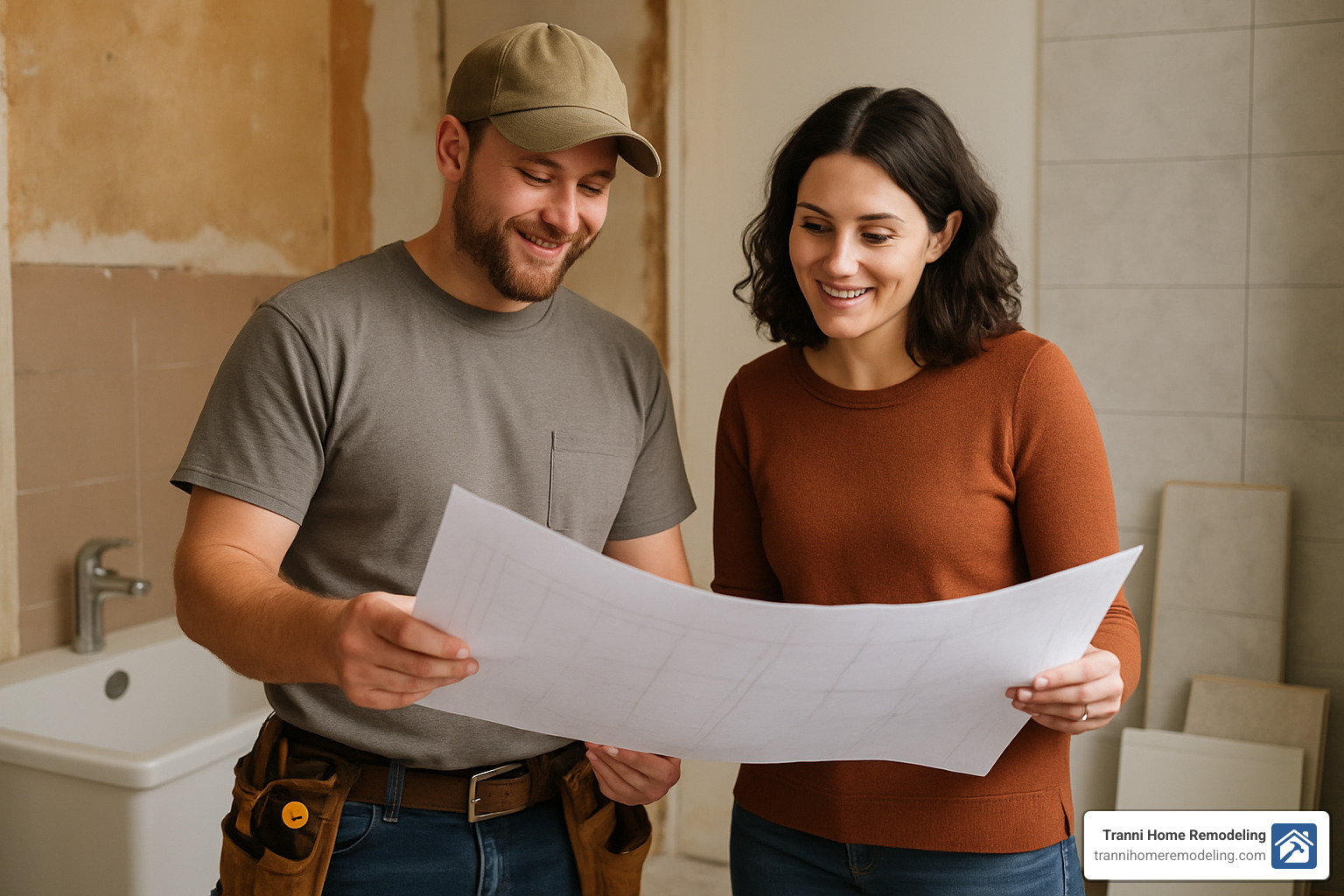Transform Your Space: Finding Bathroom Contractors Near You 2 bathroom contractor reviewing plans with homeowner - bathroom contractors in my area