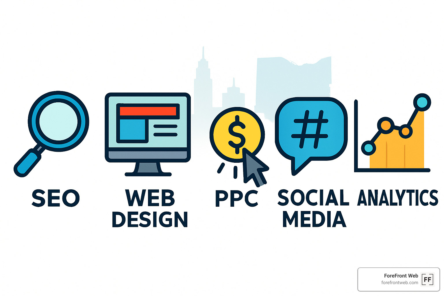 Digital marketing service icons showing SEO, web design, PPC, social media, and analytics - columbus ohio digital marketing