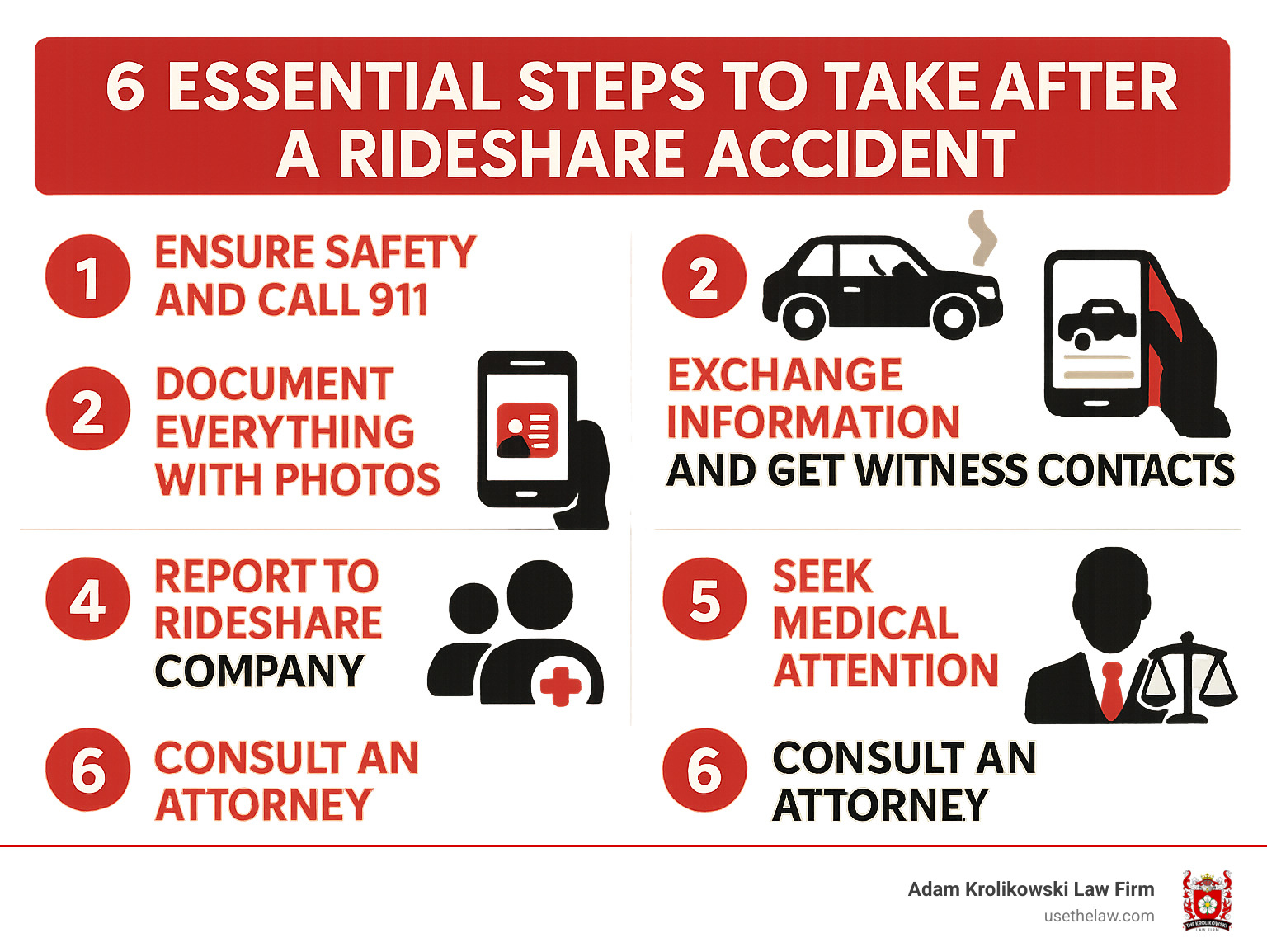 Checklist of 6 essential steps to take after a rideshare accident: 1) Ensure safety and call 911, 2) Document everything with photos, 3) Exchange information and get witness contacts, 4) Report to rideshare company, 5) Seek medical attention, 6) Consult an attorney - uber lyft accidents infographic 