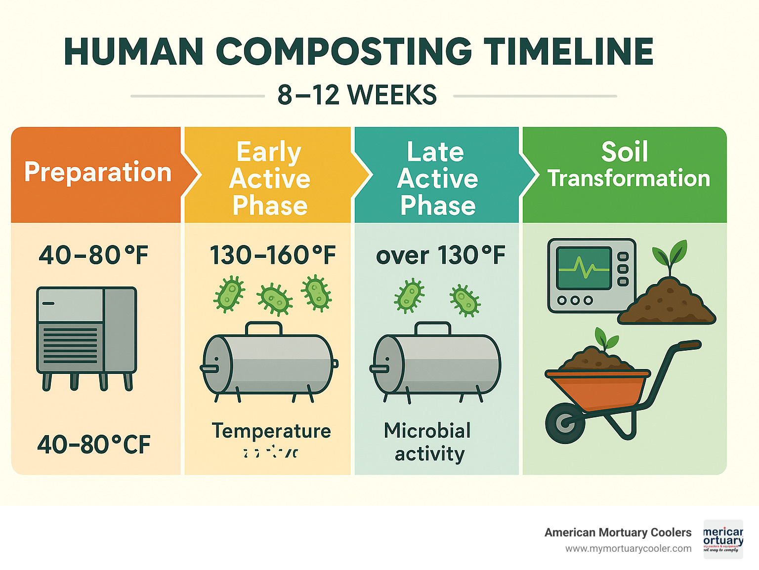 Human composting timeline showing the 8-12 week process from preparation through soil change, including temperature controls, microbial activity phases, and final soil production with equipment requirements at each stage - human composting www.funeralcoolers.com infographic 