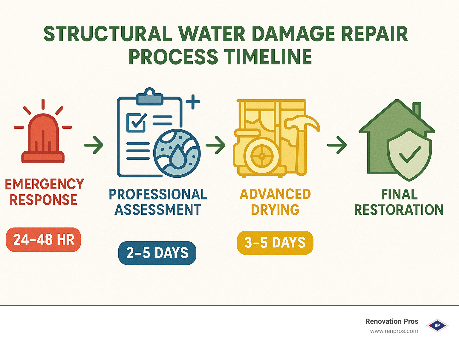 Structural water damage repair process timeline showing: 1) Emergency response (24-48 hours), 2) Professional assessment with moisture mapping, 3) Advanced drying with industrial equipment (2-5 days), 4) Structural repairs including framing replacement (3-14 days), 5) Final restoration and prevention planning - structural water damage repair temecula infographic 