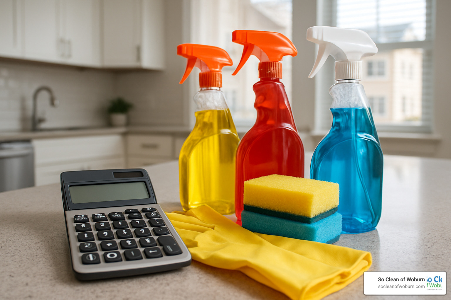 calculator next to cleaning supplies - Local apartment cleaners