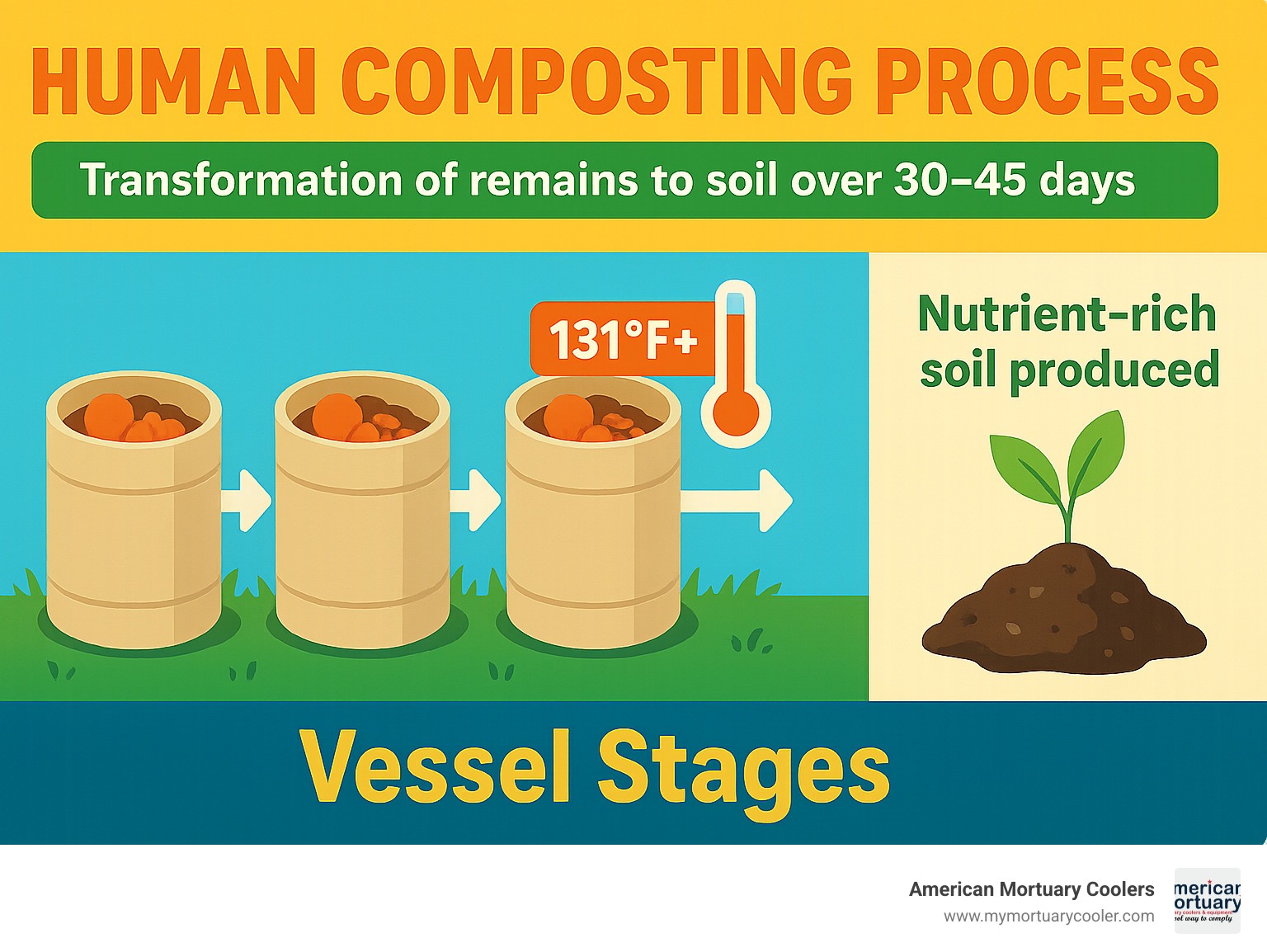 Human composting process showing change of remains to soil over 30-45 days, with vessel stages, temperature requirements, and resulting soil benefits - what is human composting www.funeralcoolers.com infographic 