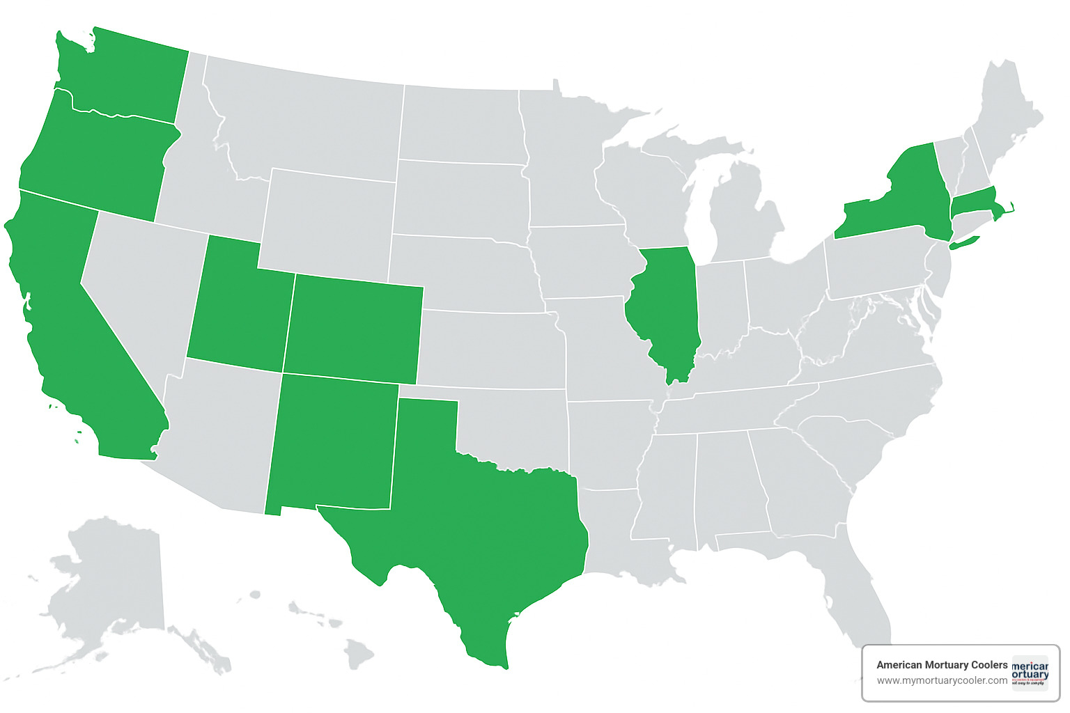 US map showing states where human composting is legal - what is human composting www.funeralcoolers.com