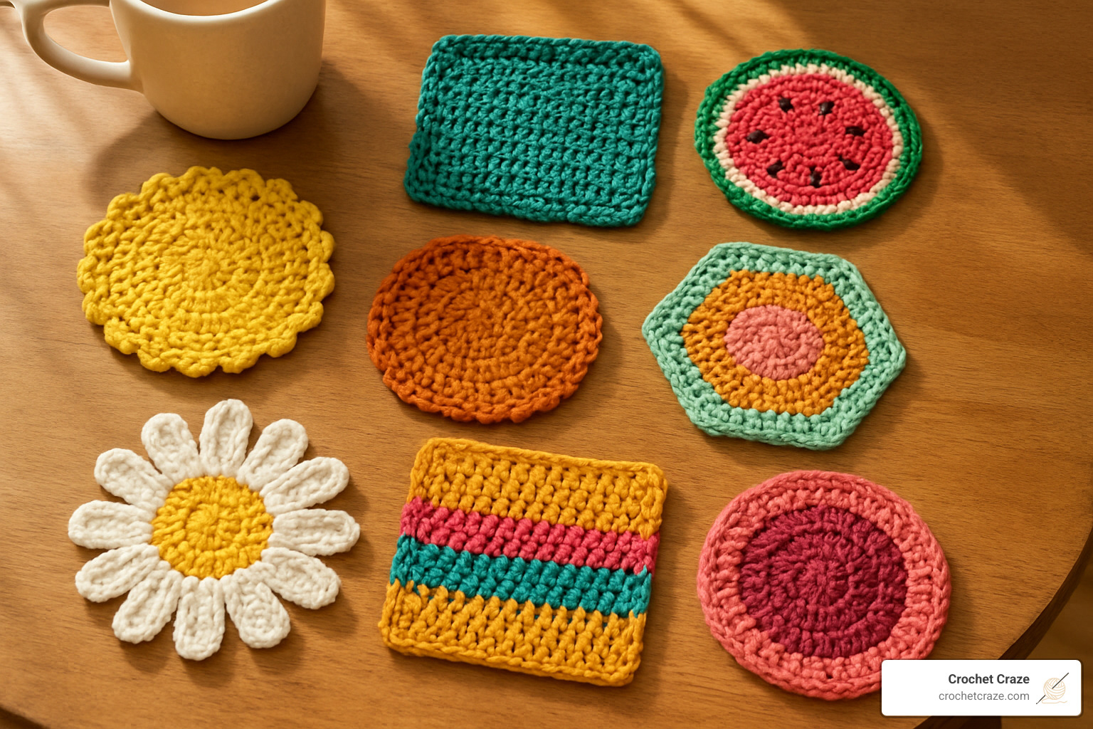 collage of different coaster shapes and styles - quick and easy crochet coasters