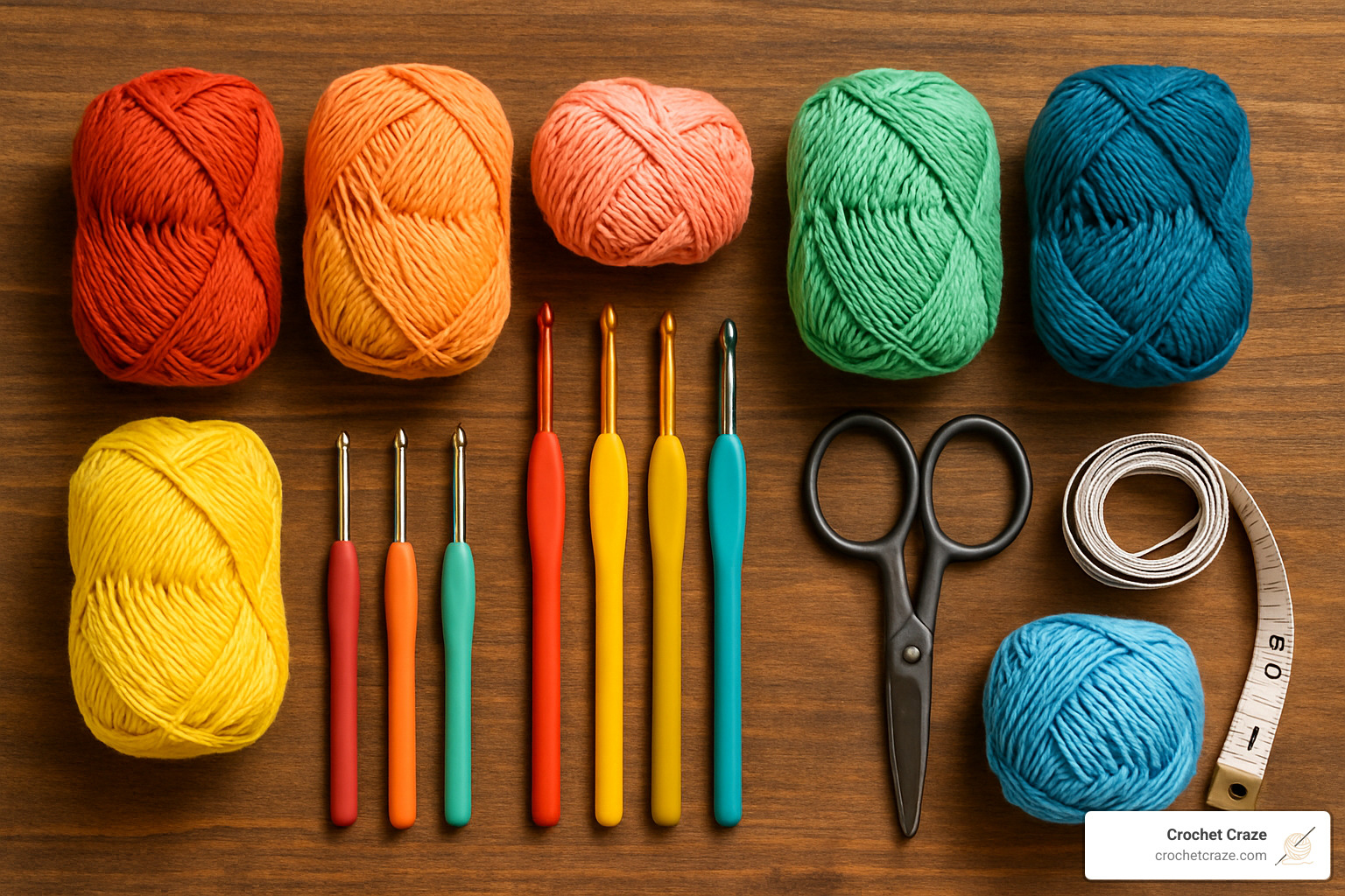 flat lay of crochet tools and cotton yarn - quick and easy crochet coasters