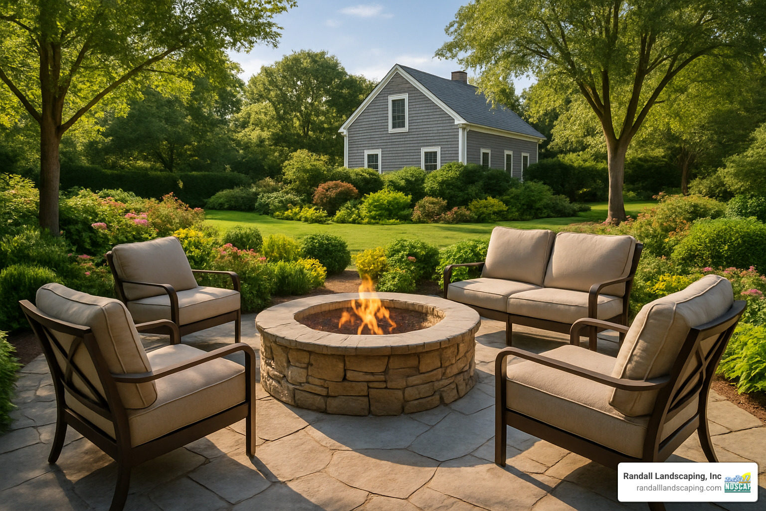 outdoor patio with fire pit and comfortable seating - Patio design Dracut MA