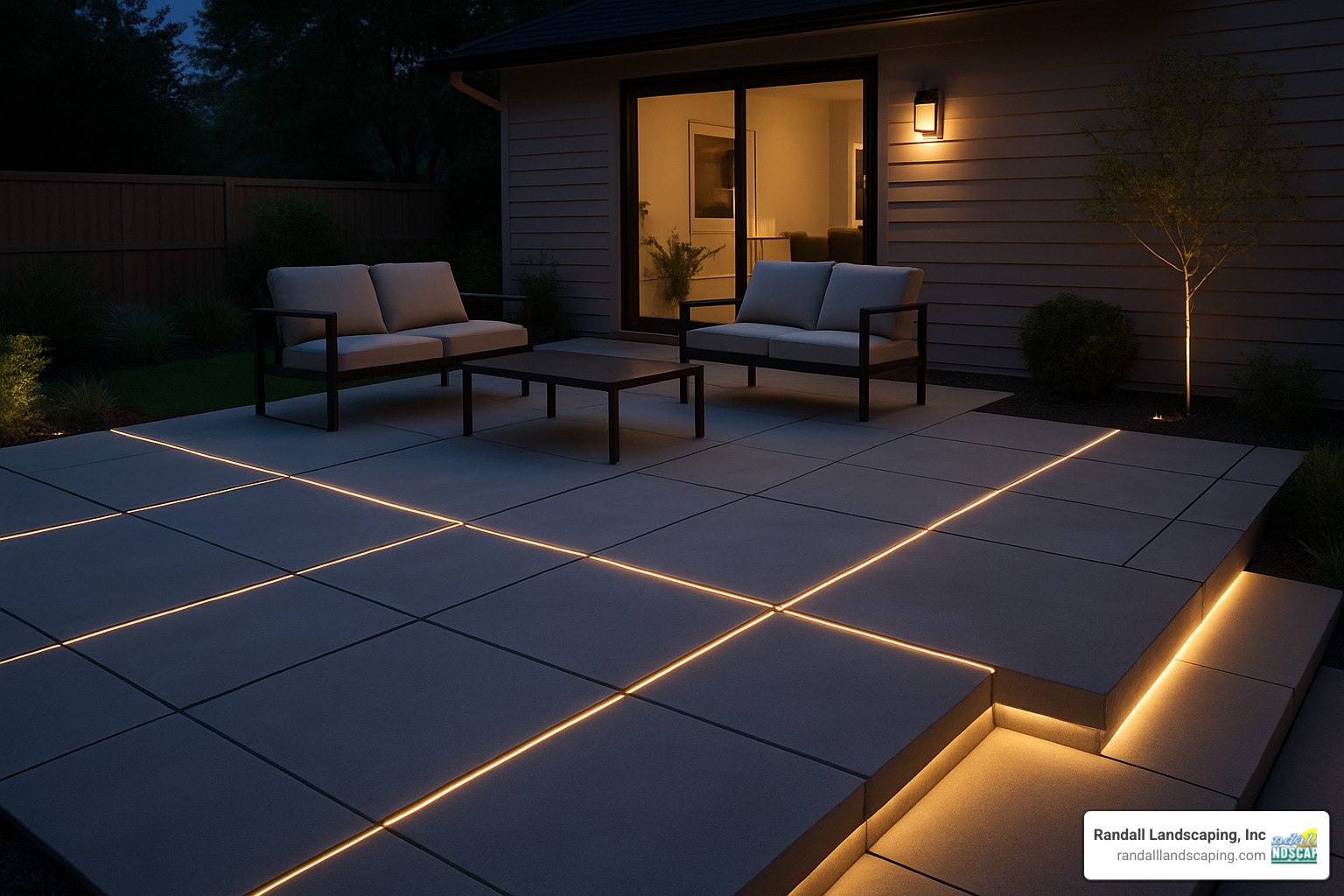 modern patio design with large format pavers and integrated lighting - Patio design Dracut MA
