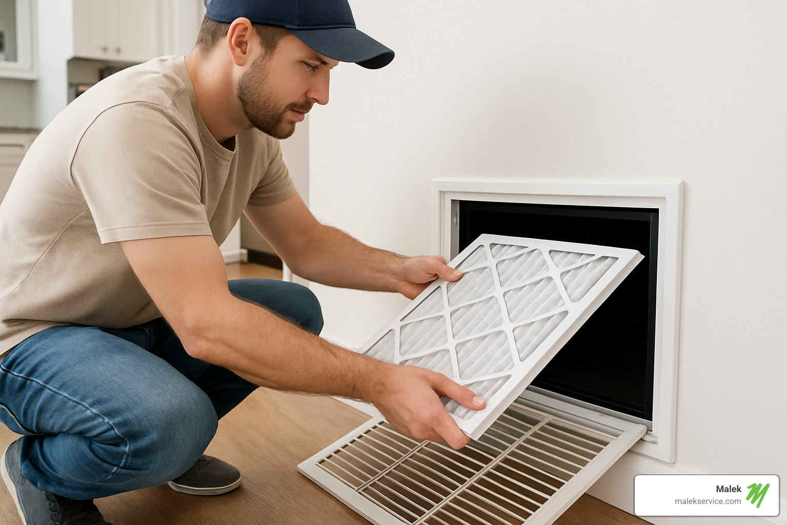Homeowner changing an HVAC filter - Heater tune-up Houston