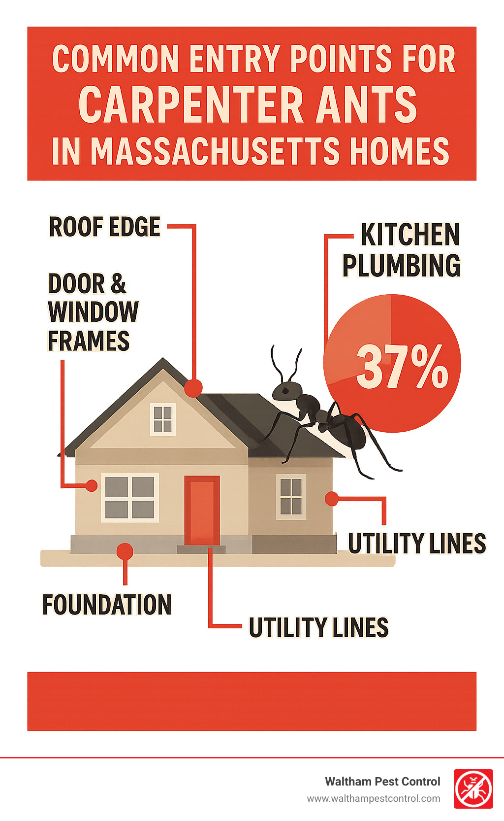 Statistics showing the most common entry points for carpenter ants in Massachusetts homes, with kitchen plumbing entry points accounting for 37% of infestations - large ants in kitchen infographic