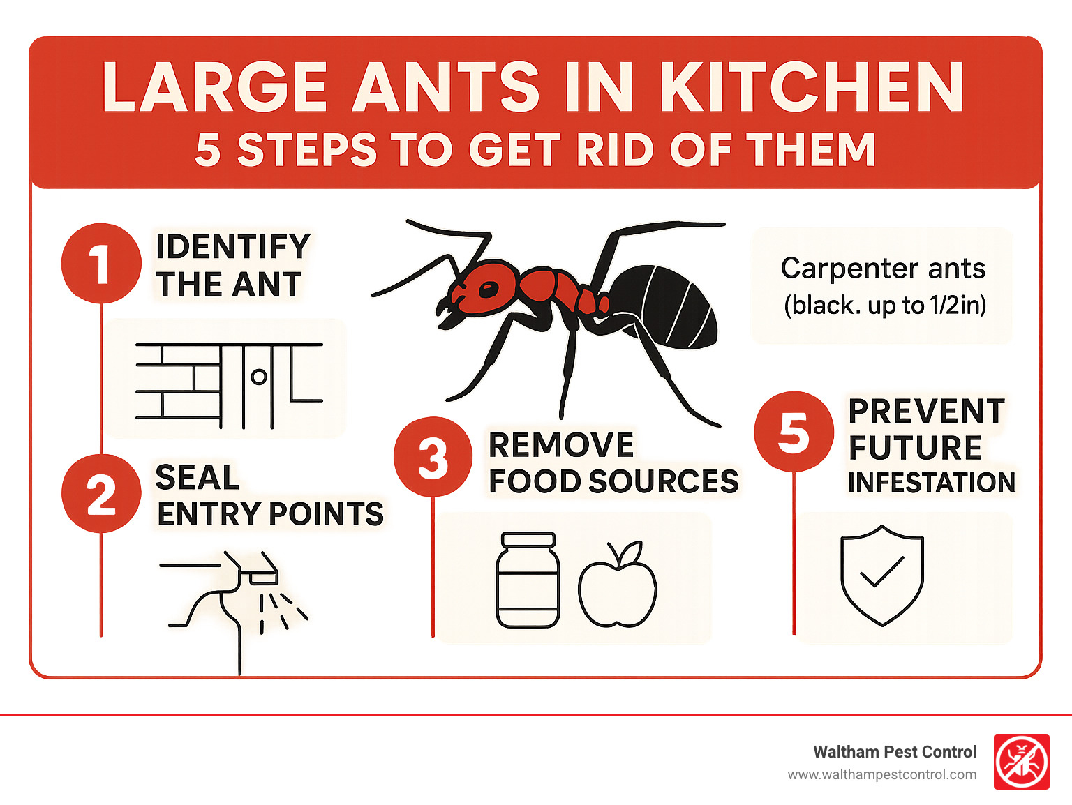 Infographic showing the 5-step process for identifying and eliminating large ants in kitchen spaces, including identification tips for carpenter ants, common entry points, food attractants, effective treatment methods, and prevention strategies - large ants in kitchen infographic