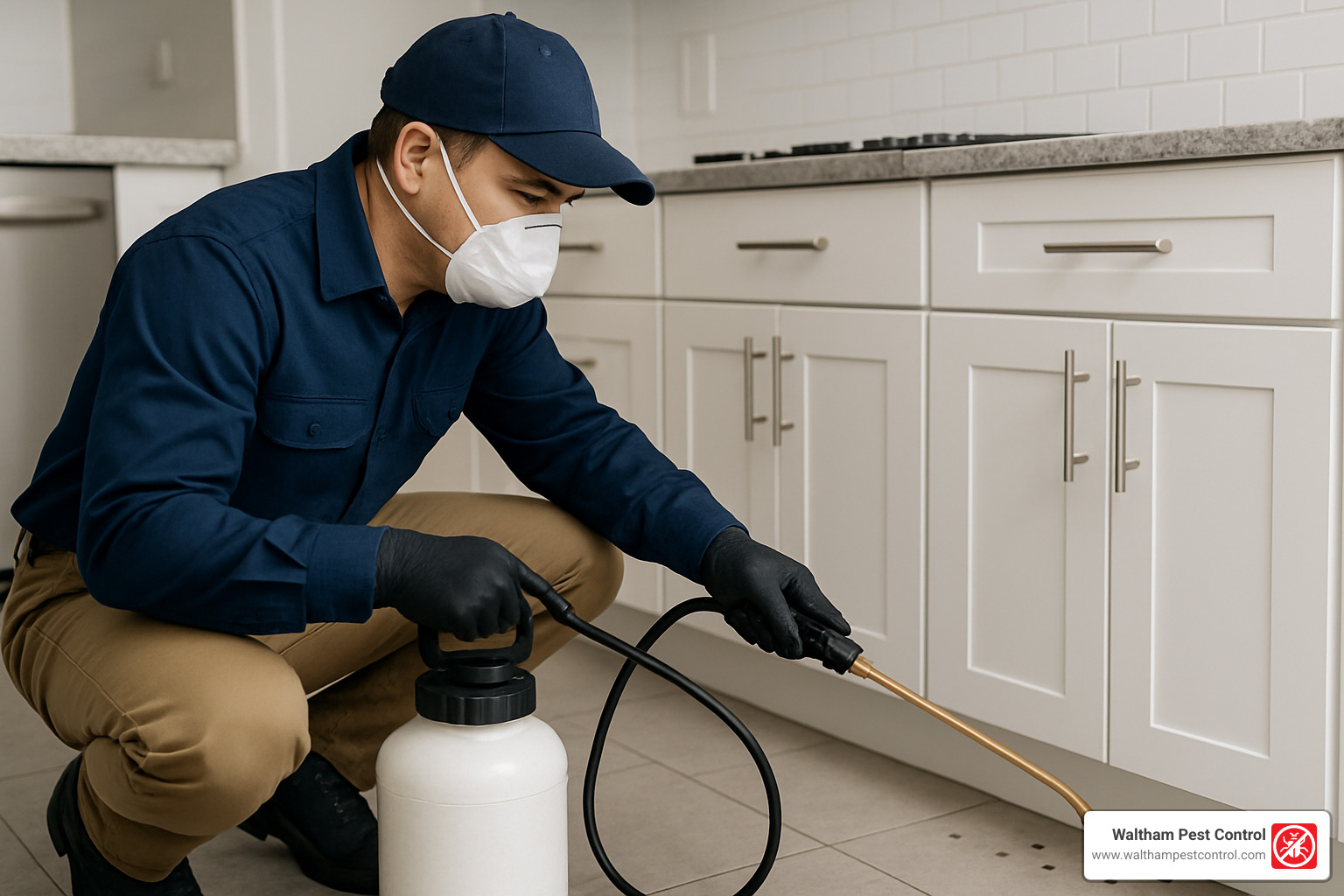 professional pest control technician treating for carpenter ants in kitchen - large ants in kitchen