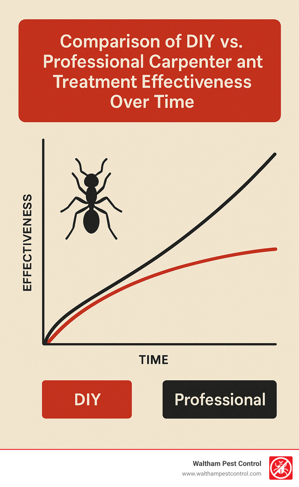 Comparison of DIY vs professional carpenter ant treatment effectiveness over time - large ants in kitchen infographic