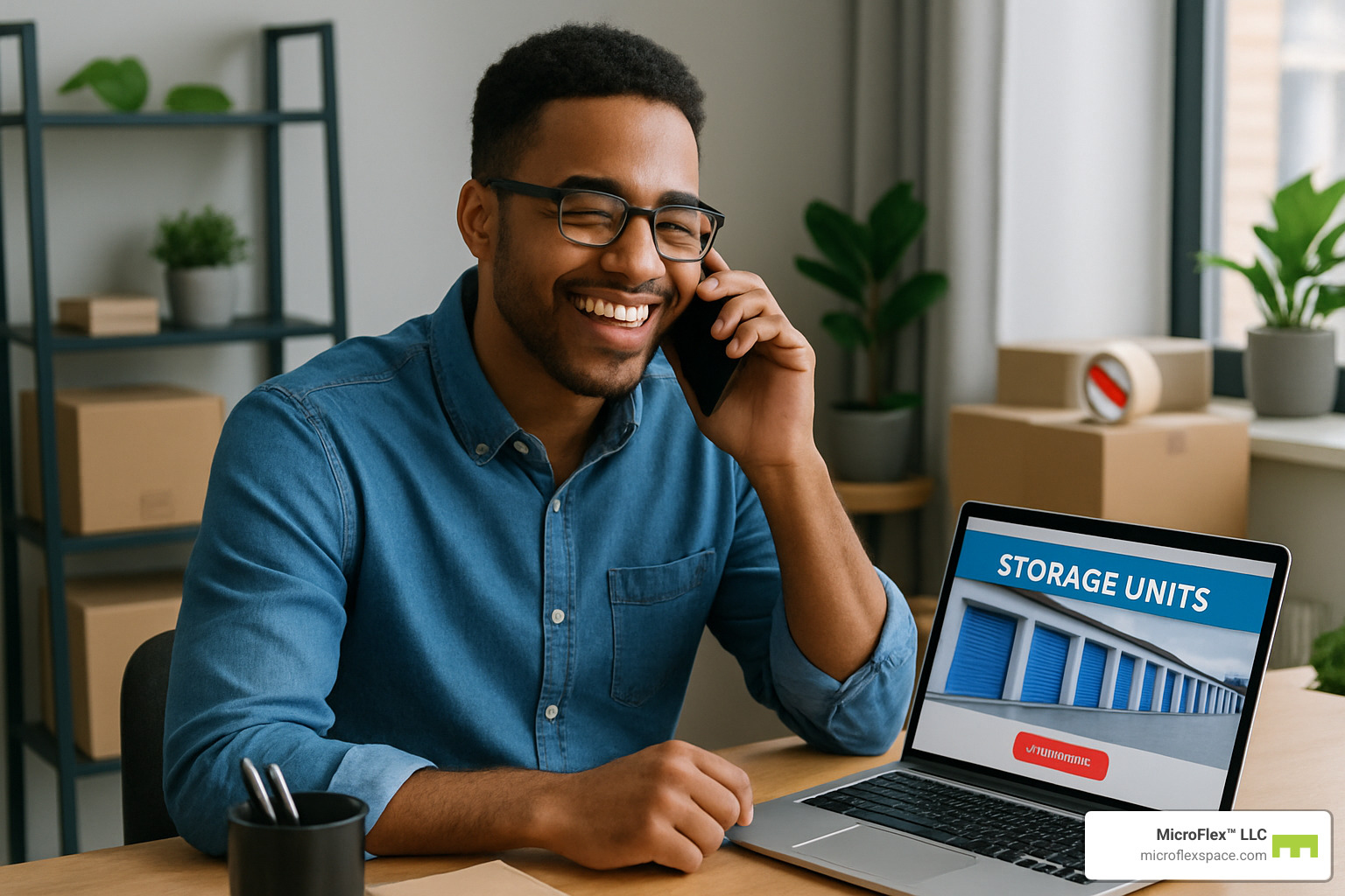 person making phone reservation for storage unit - storage near me 1st month free